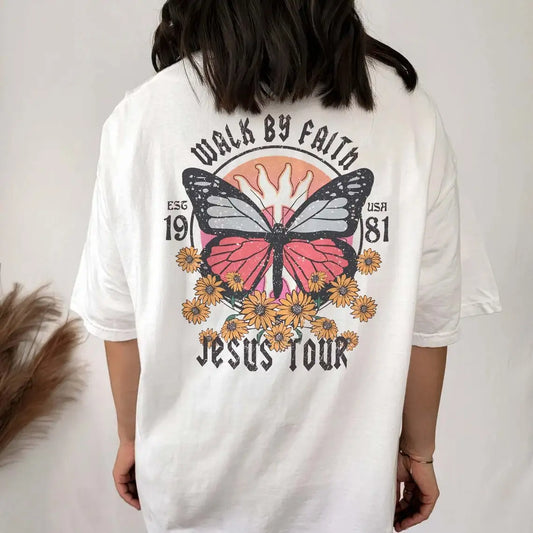 colored butterfly Walk by Faith tshirt vintage women graphic jesus Christian bible tee shirt